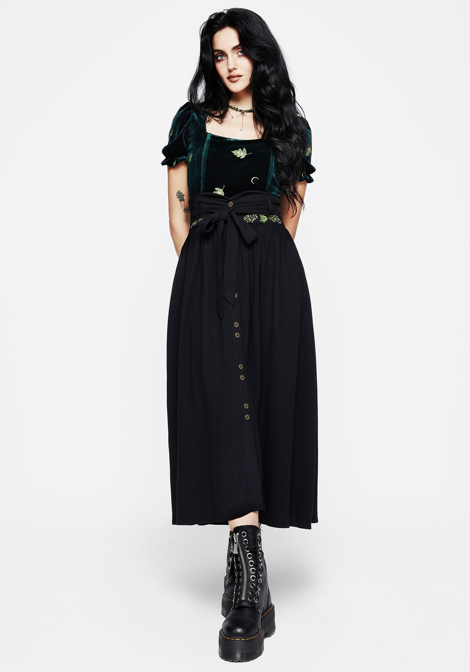 Swamplife Frog Embroidered Linen Blend High Waist Midaxi Skirt - Image 7