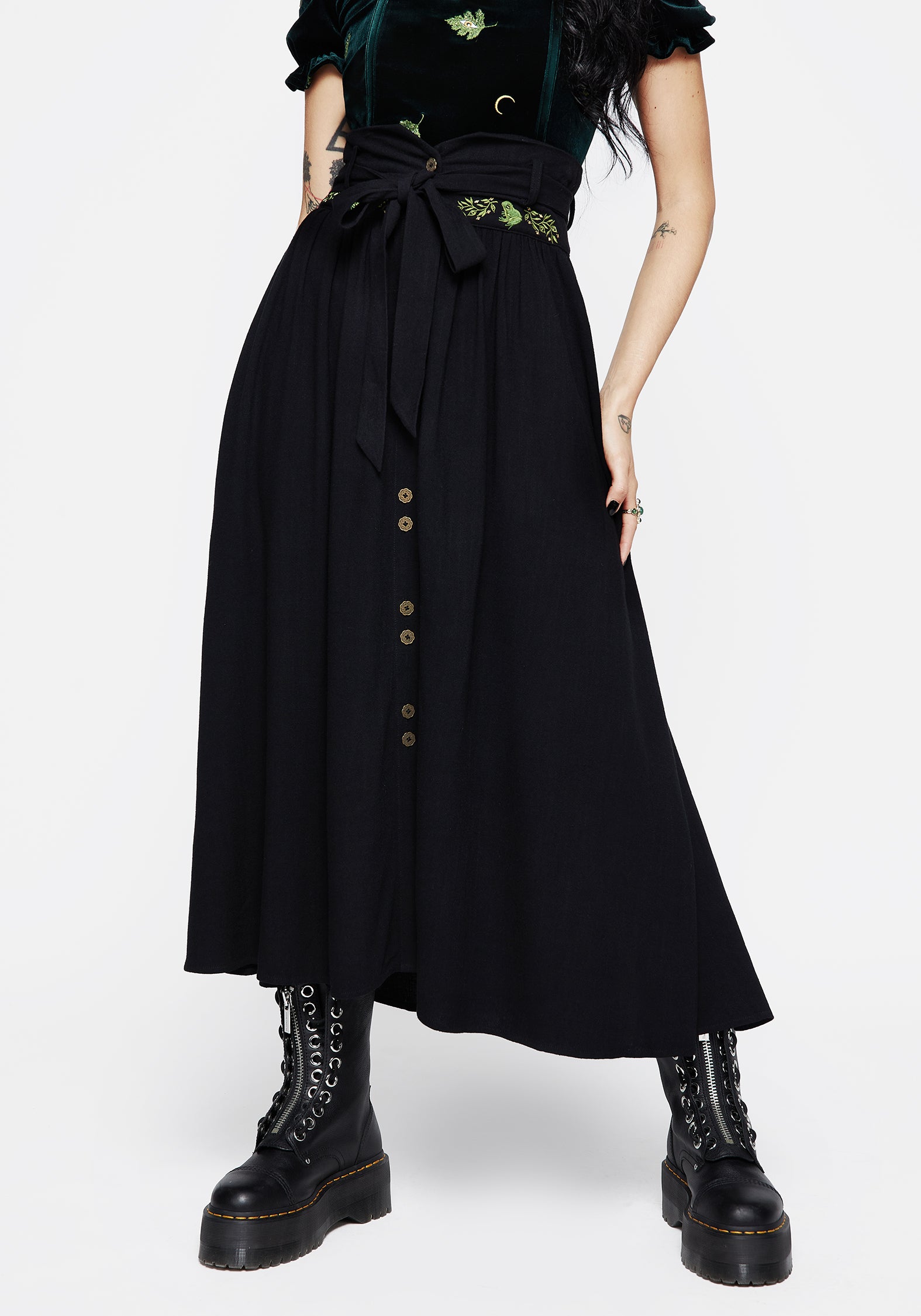 Swamplife Frog Embroidered Linen Blend High Waist Midaxi Skirt - Image 5