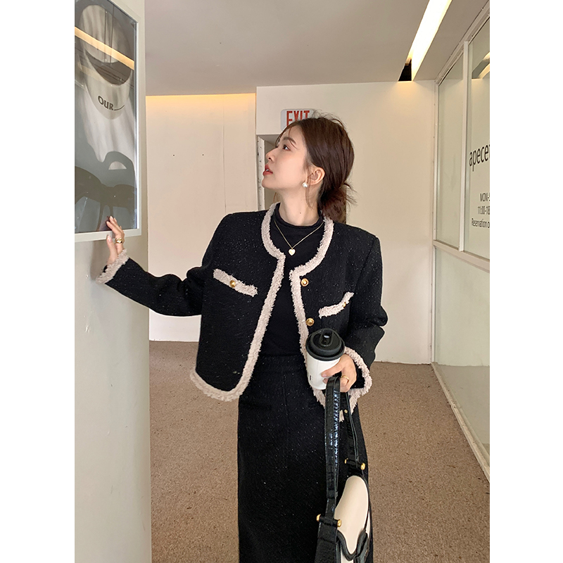 2024 Autumn Winter New Thick Quilted Wool Tweed Style Jacket and Skirt Two Piece Set for Women - Image 4