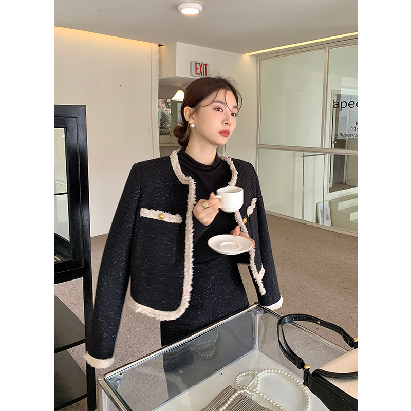 2024 Autumn Winter New Thick Quilted Wool Tweed Style Jacket and Skirt Two Piece Set for Women - Image 5