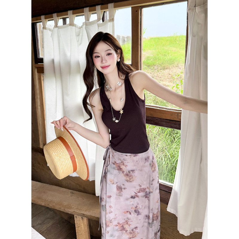 Women's Summer Knit Cami and Mesh Floral Skirt Set