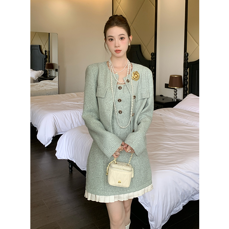 2025 Winter New French Style Tweed Jacket and Cami Dress Two-Piece Set for Women