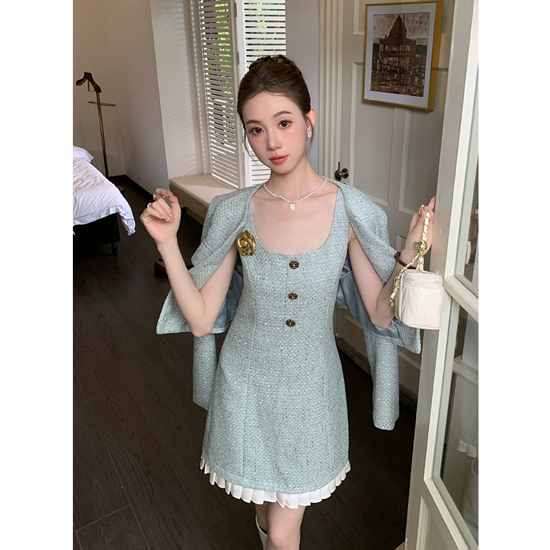 2025 Winter New French Style Tweed Jacket and Cami Dress Two-Piece Set for Women - Image 3