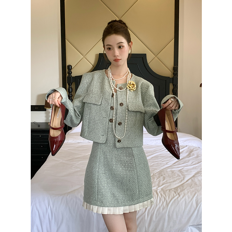 2025 Winter New French Style Tweed Jacket and Cami Dress Two-Piece Set for Women - Image 5