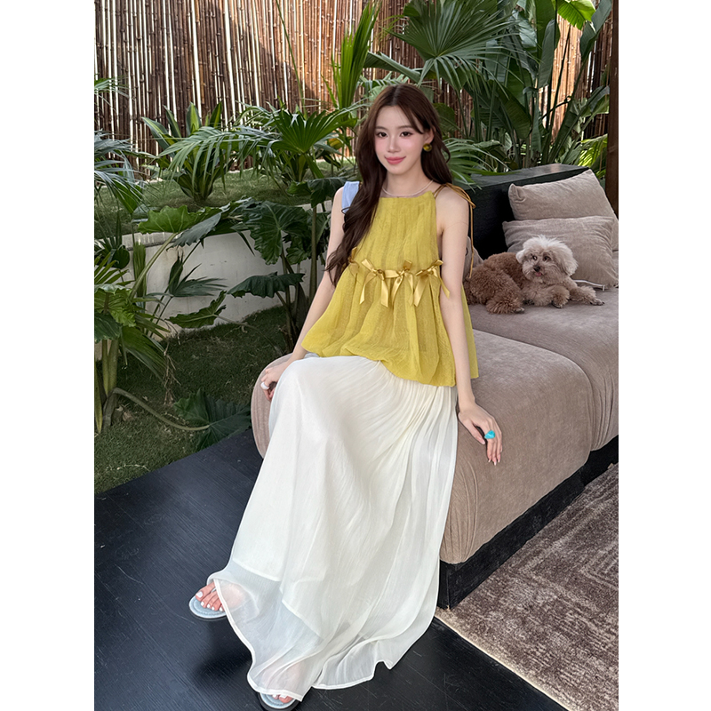 Summer New Solid Sleeveless Chiffon Top and Chiffon Skirt Two-Piece Set for Women