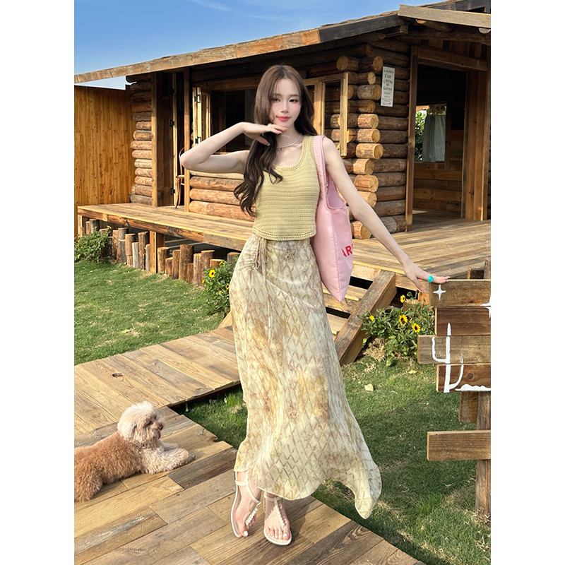 Summer Solid Knit Top and Chiffon Floral Skirt Two-Piece Set for Women