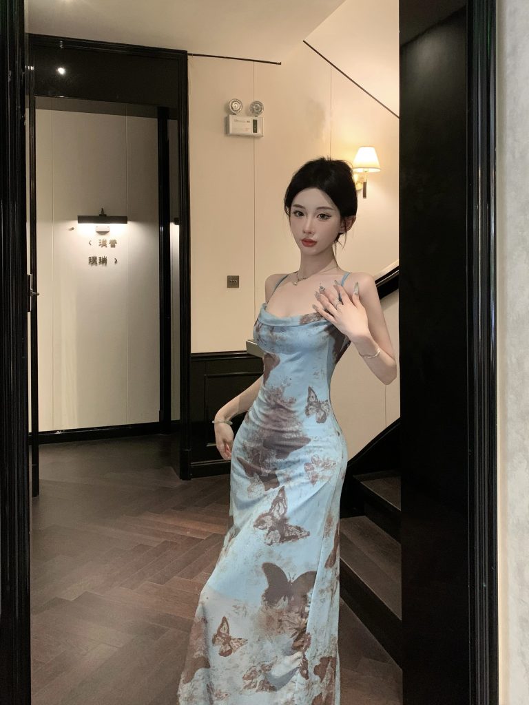 Butterfly Tie-Dye Cami Dress French Tea Break Backless Bodycon Long Dress - Style 469934