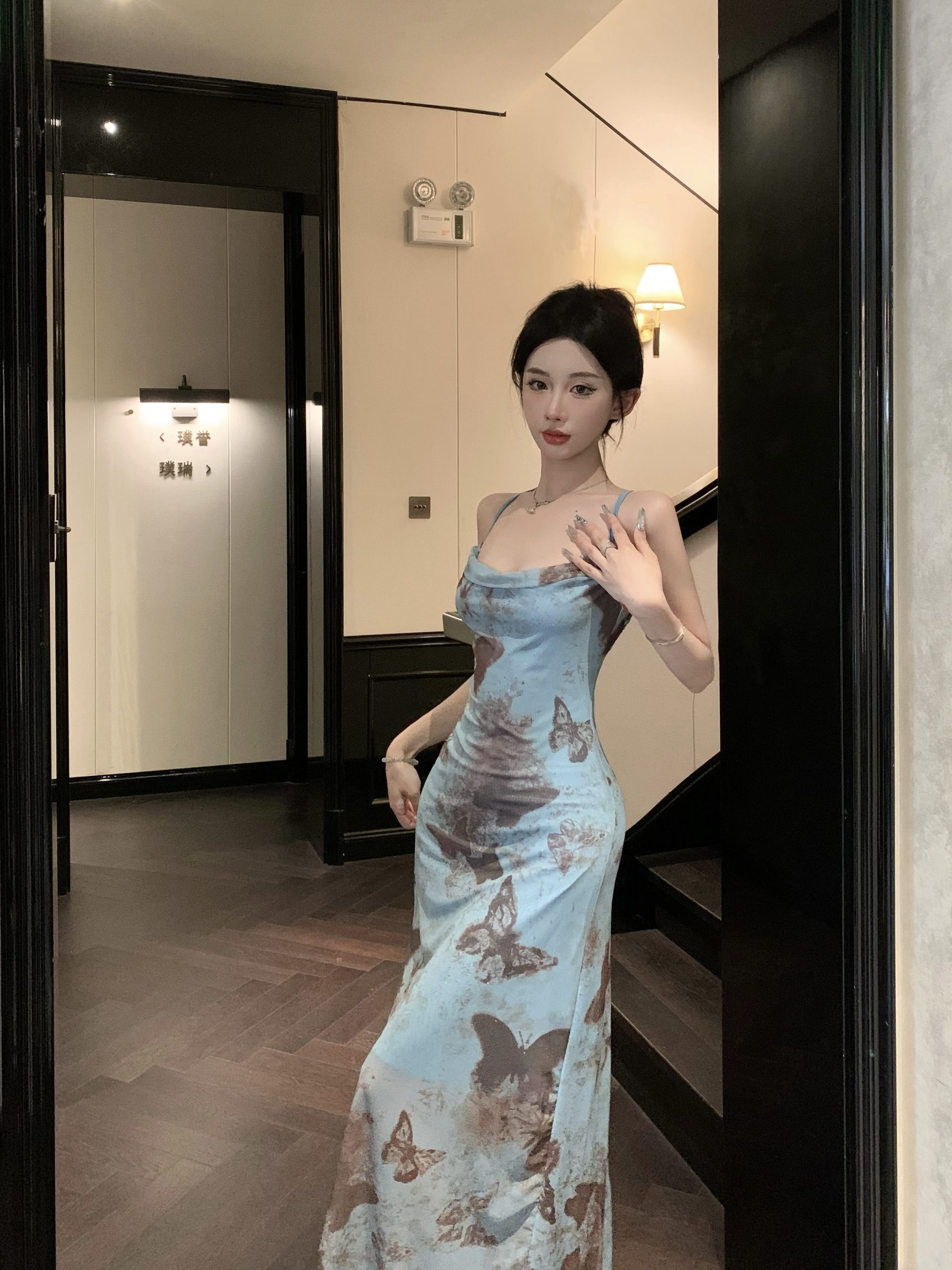 Butterfly Tie-Dye Cami Dress French Tea Break Backless Bodycon Long Dress - Style 469934