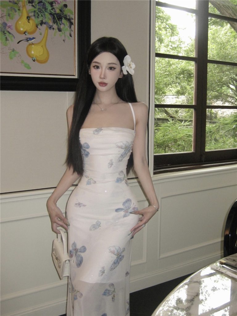Butterfly Tie-Dye Cami Dress French Tea Break Backless Bodycon Long Dress - Style 7bd012