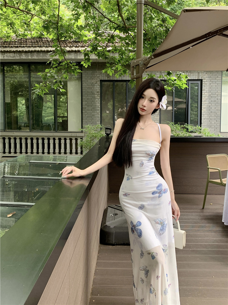 Butterfly Tie-Dye Cami Dress French Tea Break Backless Bodycon Long Dress - Style 7bd012 - Image 3