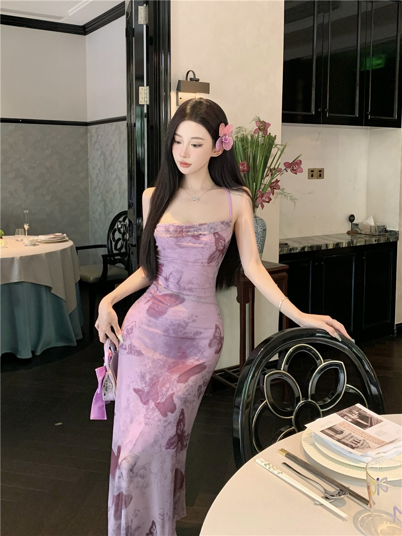 Butterfly Tie-Dye Cami Dress French Tea Break Backless Bodycon Long Dress - Style 7bd012 - Image 4