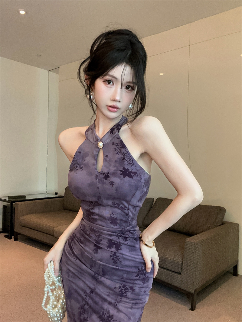 New Chinese Style Low-Cut Sheer Mesh Off-Shoulder Bodycon Dress