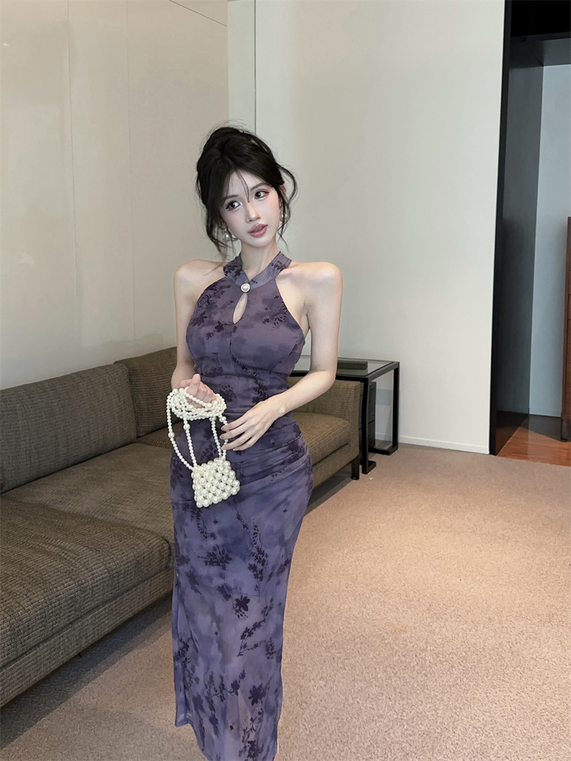 New Chinese Style Low-Cut Sheer Mesh Off-Shoulder Bodycon Dress - Image 2