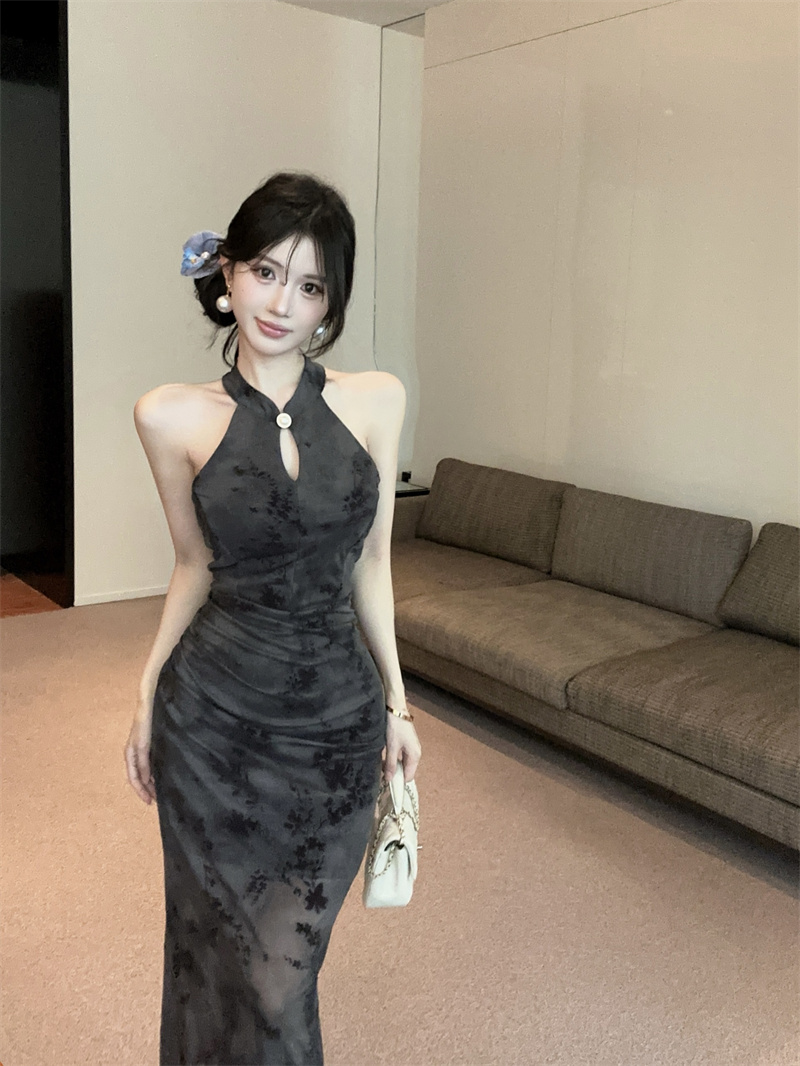New Chinese Style Low-Cut Sheer Mesh Off-Shoulder Bodycon Dress - Image 3