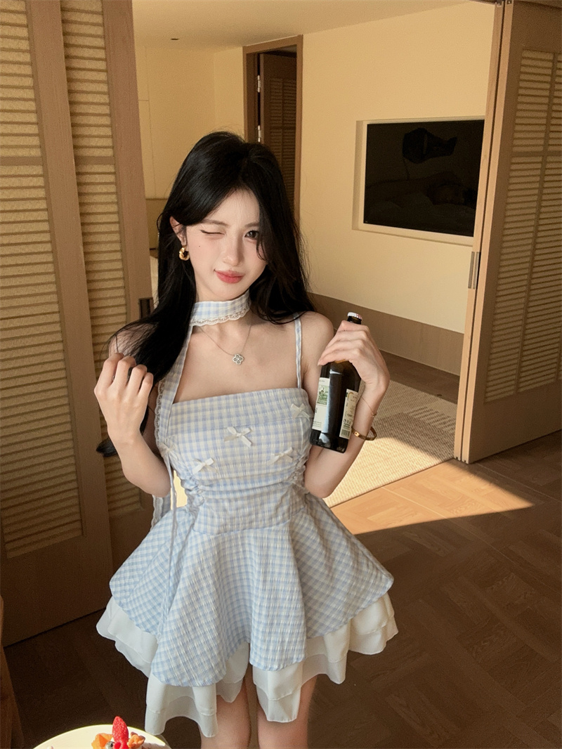 2026 Summer French Halter Neck Puff Short Dress for Women - Image 2