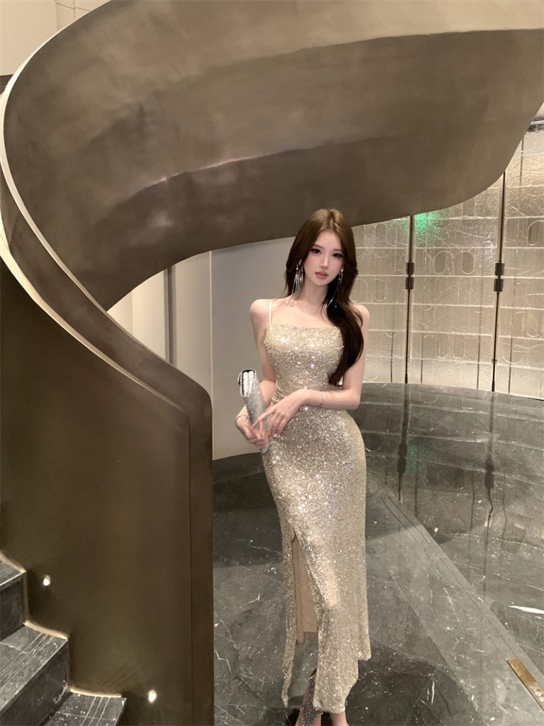 Champagne Sequin Spaghetti Strap Split Bodycon Long Dress