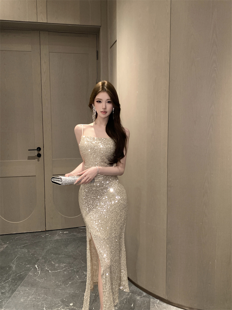 Champagne Sequin Spaghetti Strap Split Bodycon Long Dress - Image 2