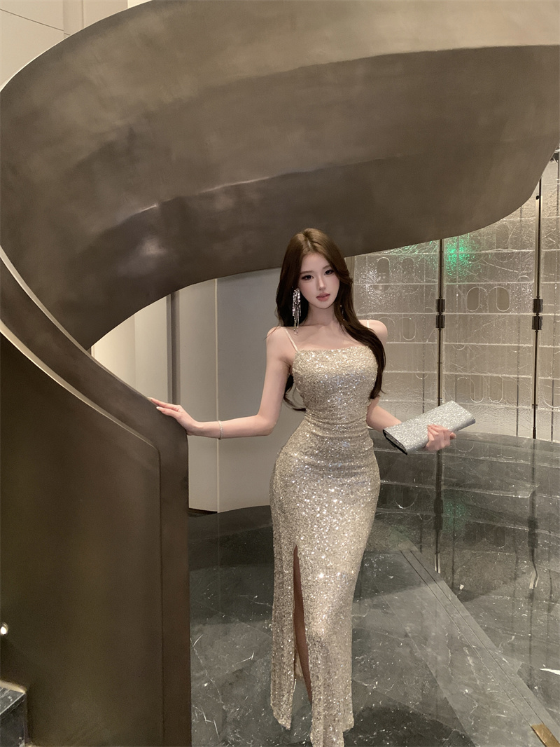 Champagne Sequin Spaghetti Strap Split Bodycon Long Dress - Image 3