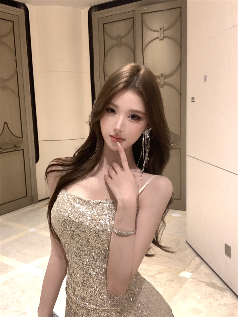 Champagne Sequin Spaghetti Strap Split Bodycon Long Dress - Image 4