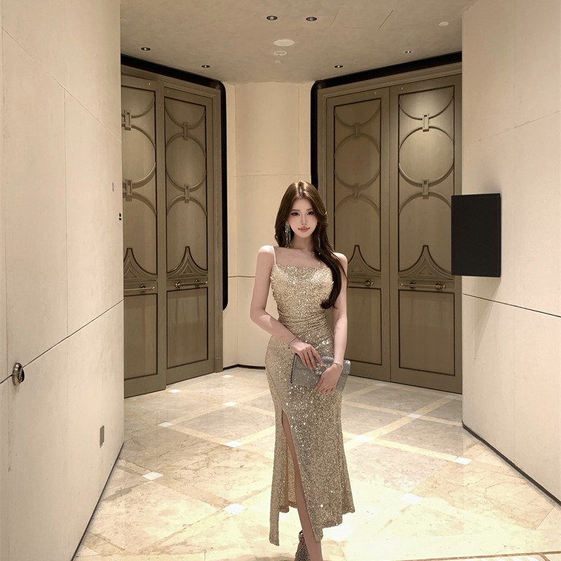 Champagne Sequin Spaghetti Strap Split Bodycon Long Dress - Image 5