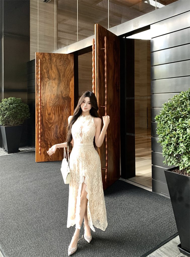 Sexy Lace Sleeveless Bodycon Dress for Women 2026 Summer Hollow Out Long Dress