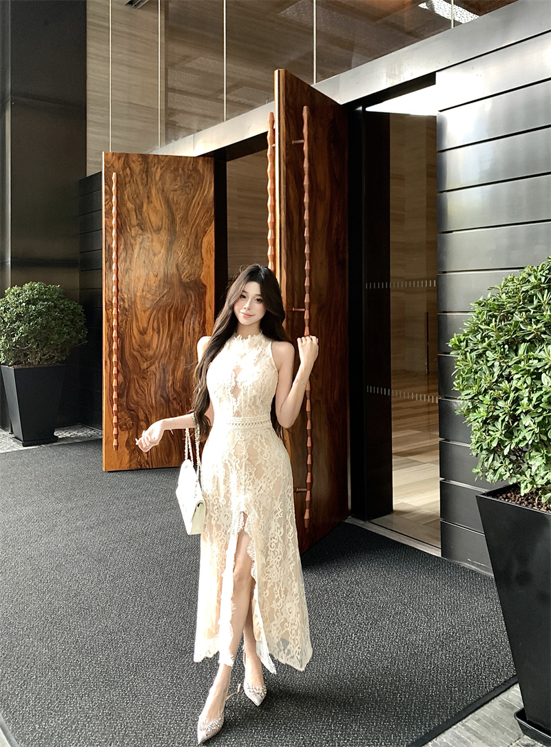 Sexy Lace Sleeveless Bodycon Dress for Women 2026 Summer Hollow Out Long Dress