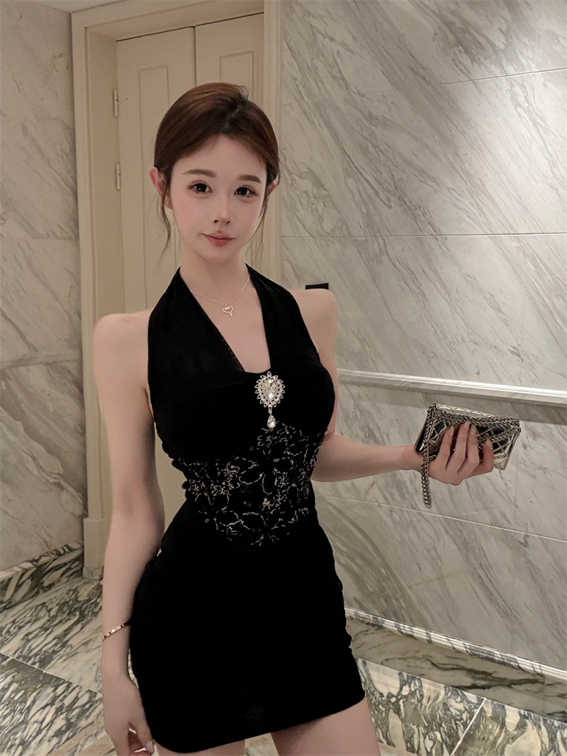 Pure Desire Style Bodycon Halter Dress with Straps Mesh Lace Spliced Summer New - Image 3