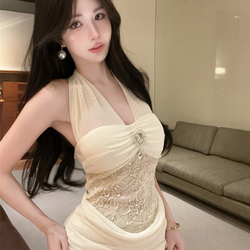 Pure Desire Style Bodycon Halter Dress with Straps Mesh Lace Spliced Summer New - Image 5