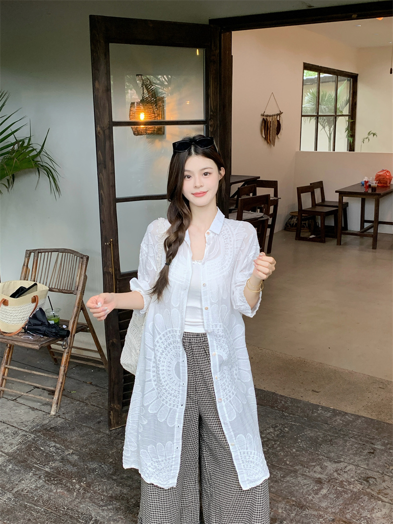 Women's 2026 Summer Sun Protection Long Sleeve Shirt White Embroidered Loose Fit - Image 4