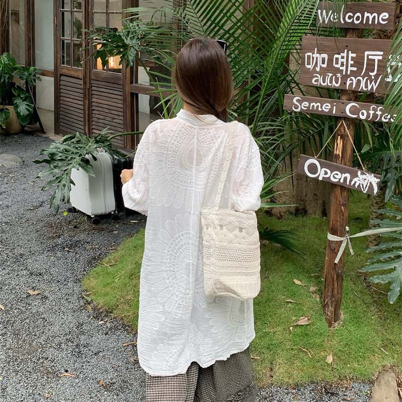 Women's 2026 Summer Sun Protection Long Sleeve Shirt White Embroidered Loose Fit - Image 5