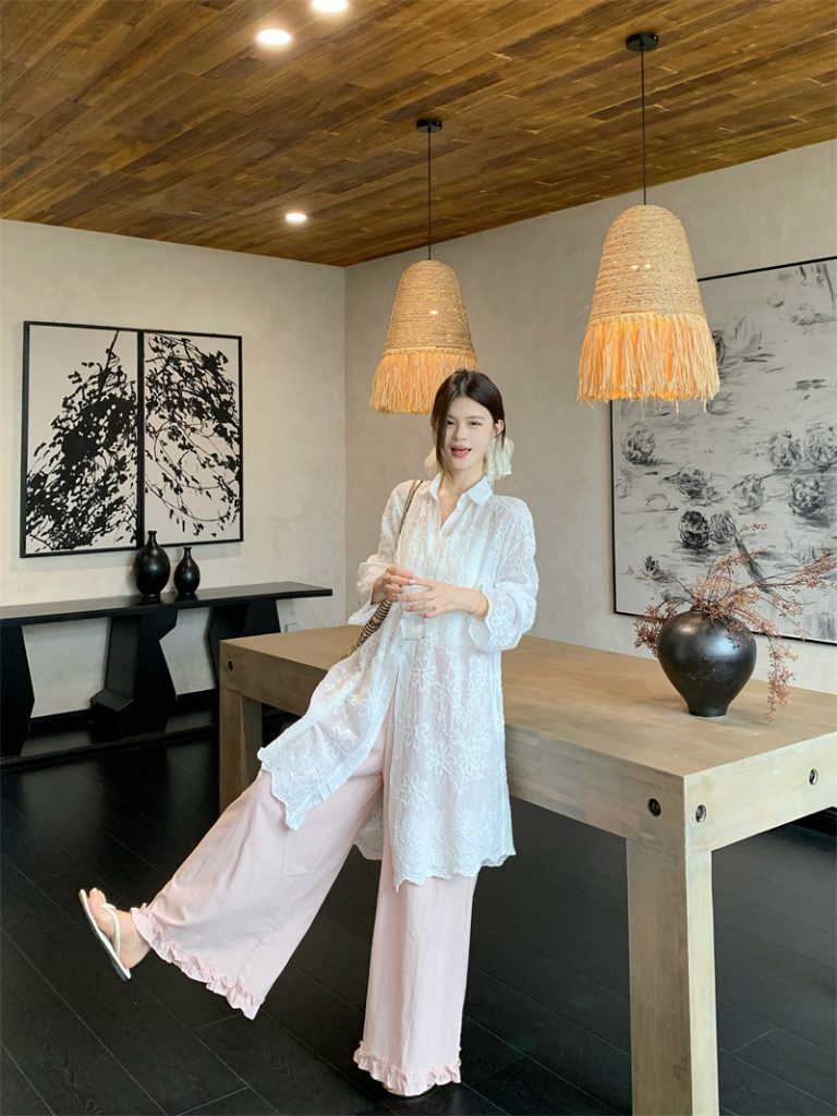 French Embroidered Long Sleeve Midi Shirt Women Loose Sun Protection Beach Cover-Up
