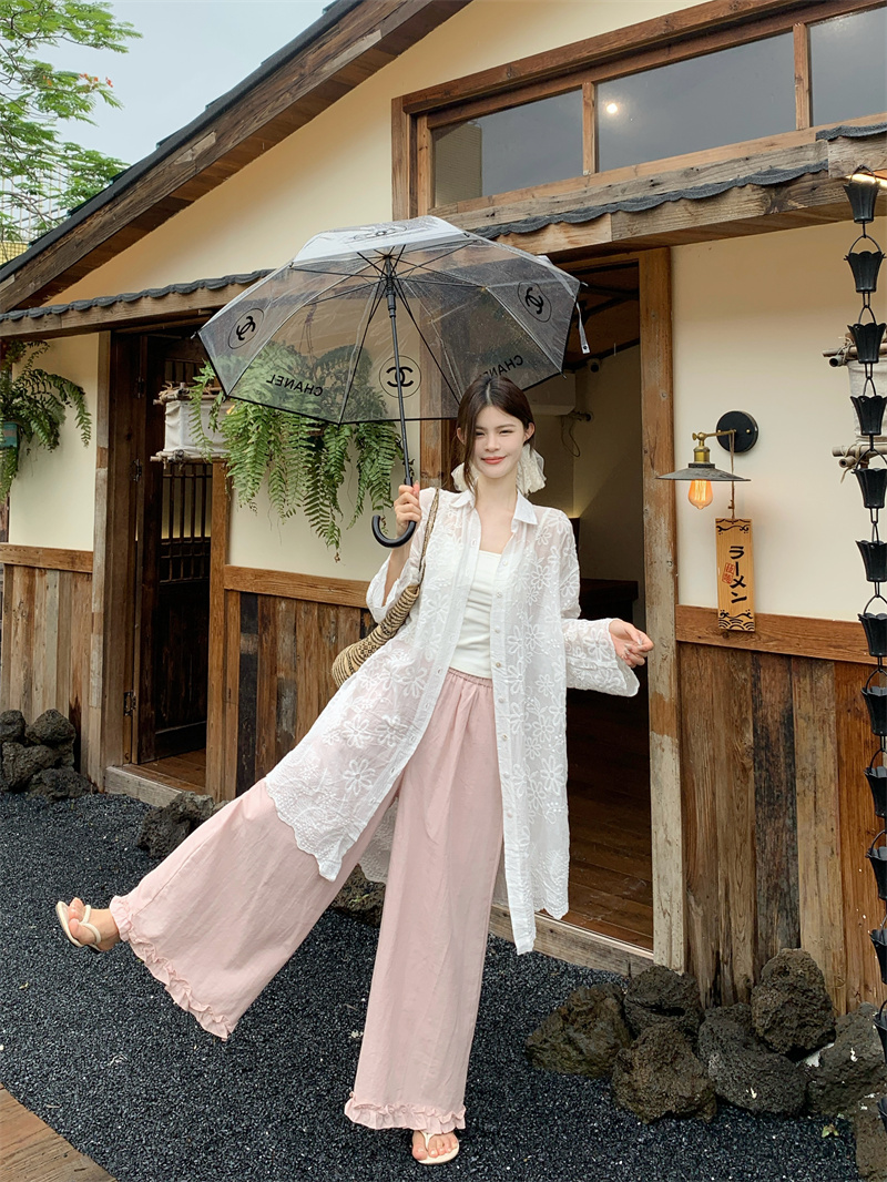 French Embroidered Long Sleeve Midi Shirt Women Loose Sun Protection Beach Cover-Up - Image 2