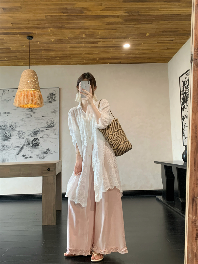 French Embroidered Long Sleeve Midi Shirt Women Loose Sun Protection Beach Cover-Up - Image 3