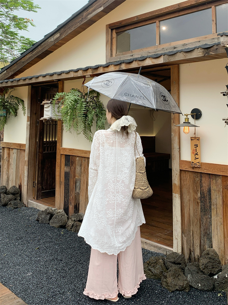 French Embroidered Long Sleeve Midi Shirt Women Loose Sun Protection Beach Cover-Up - Image 4
