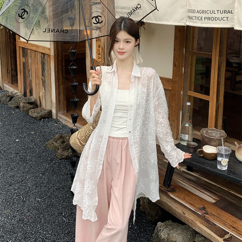French Embroidered Long Sleeve Midi Shirt Women Loose Sun Protection Beach Cover-Up - Image 5