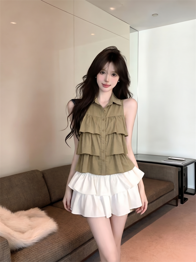 Women's Sleeveless Halter Ruffle Tiered Shirt Sweet French Style
