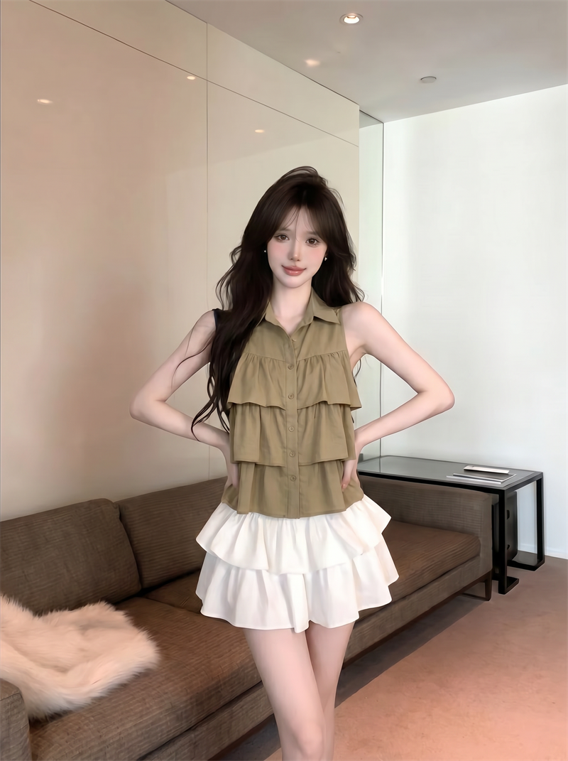 Women's Sleeveless Halter Ruffle Tiered Shirt Sweet French Style - Image 2