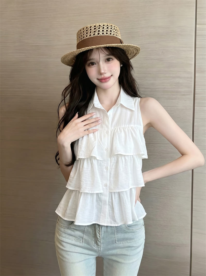 Women's Sleeveless Halter Ruffle Tiered Shirt Sweet French Style - Image 3
