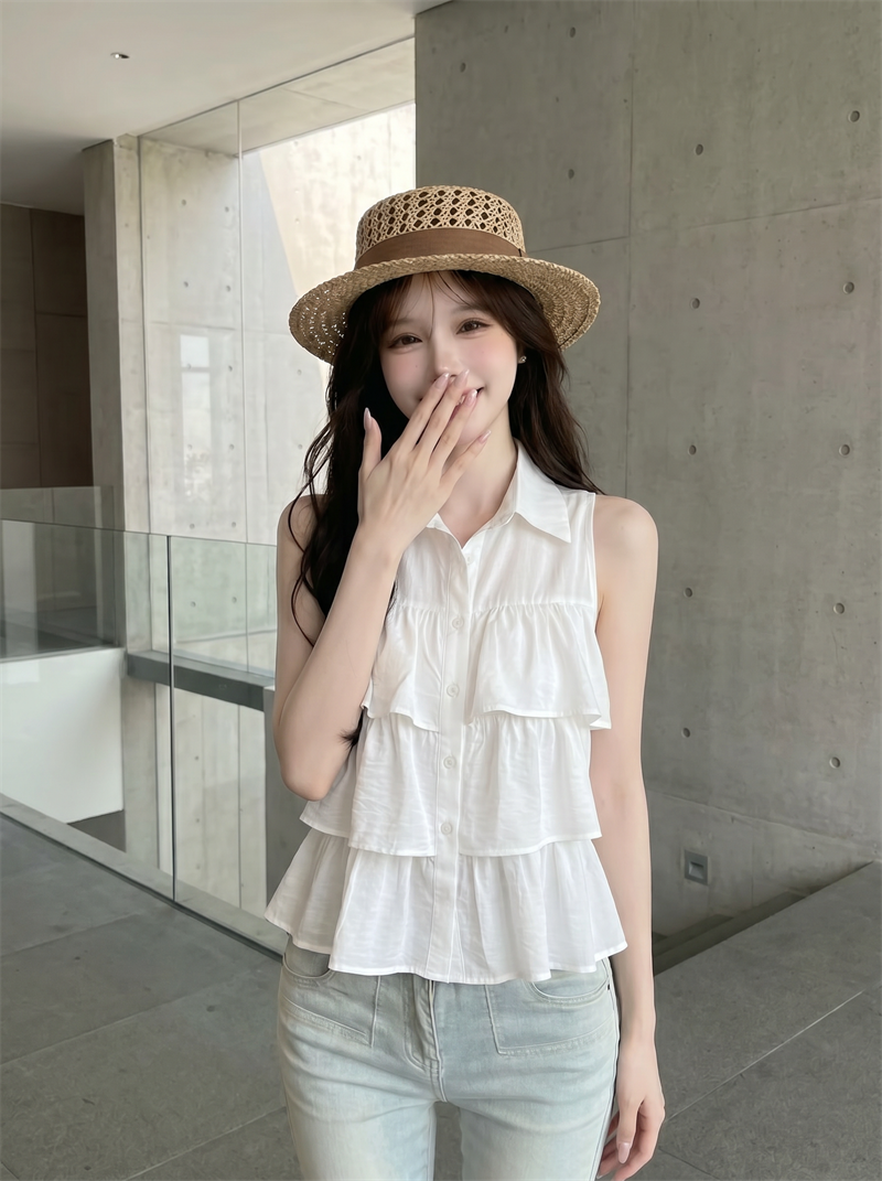Women's Sleeveless Halter Ruffle Tiered Shirt Sweet French Style - Image 4