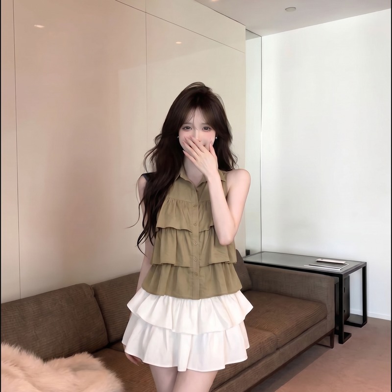 Women's Sleeveless Halter Ruffle Tiered Shirt Sweet French Style - Image 5