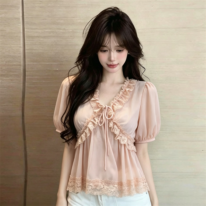 French Style Lace Spliced Chiffon Blouse Summer New Design for Petite Women - Image 2