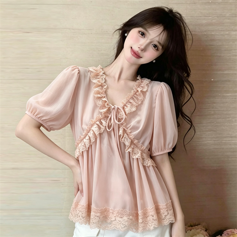 French Style Lace Spliced Chiffon Blouse Summer New Design for Petite Women - Image 3