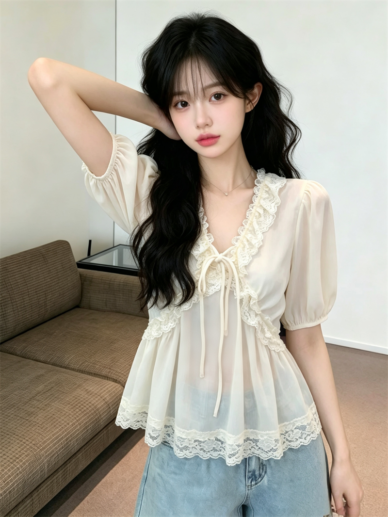 French Style Lace Spliced Chiffon Blouse Summer New Design for Petite Women - Image 4