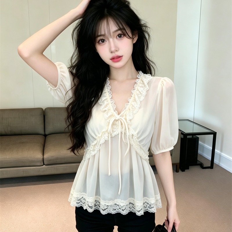 French Style Lace Spliced Chiffon Blouse Summer New Design for Petite Women - Image 5