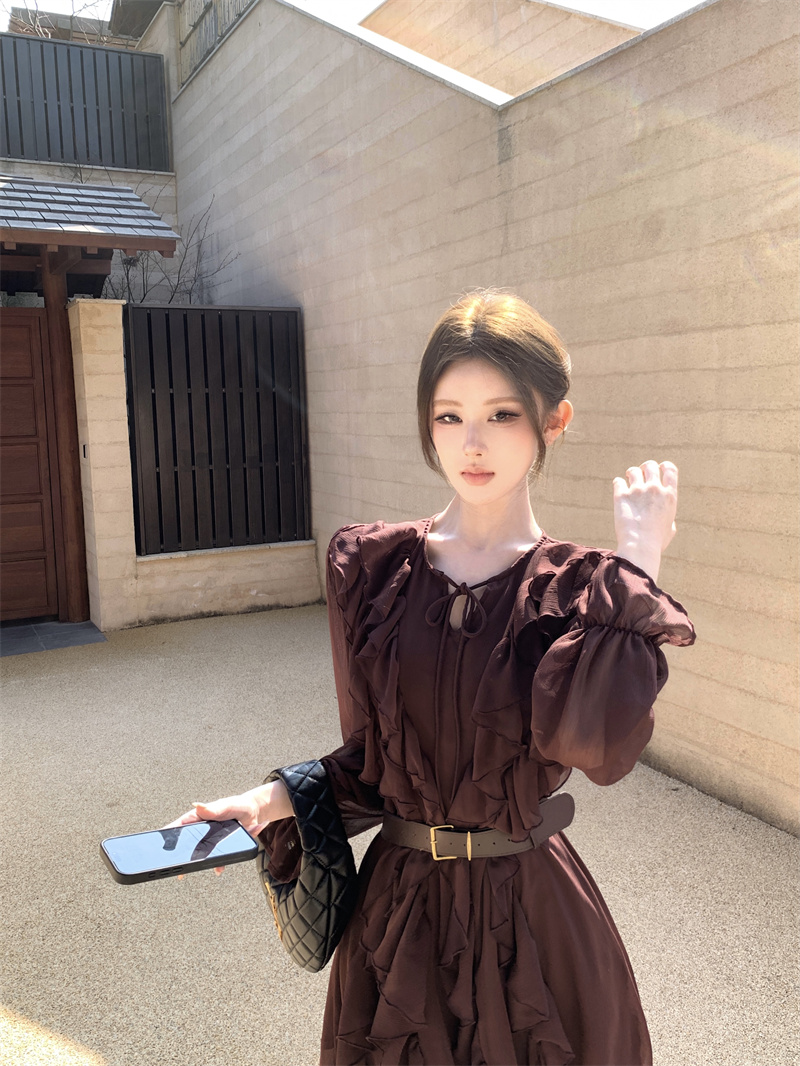 French Style Long Sleeve Dress Wine Red