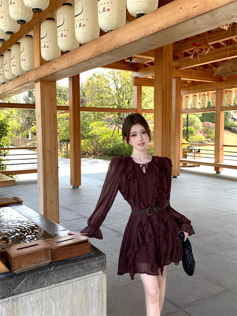 French Style Long Sleeve Dress Wine Red - Image 2