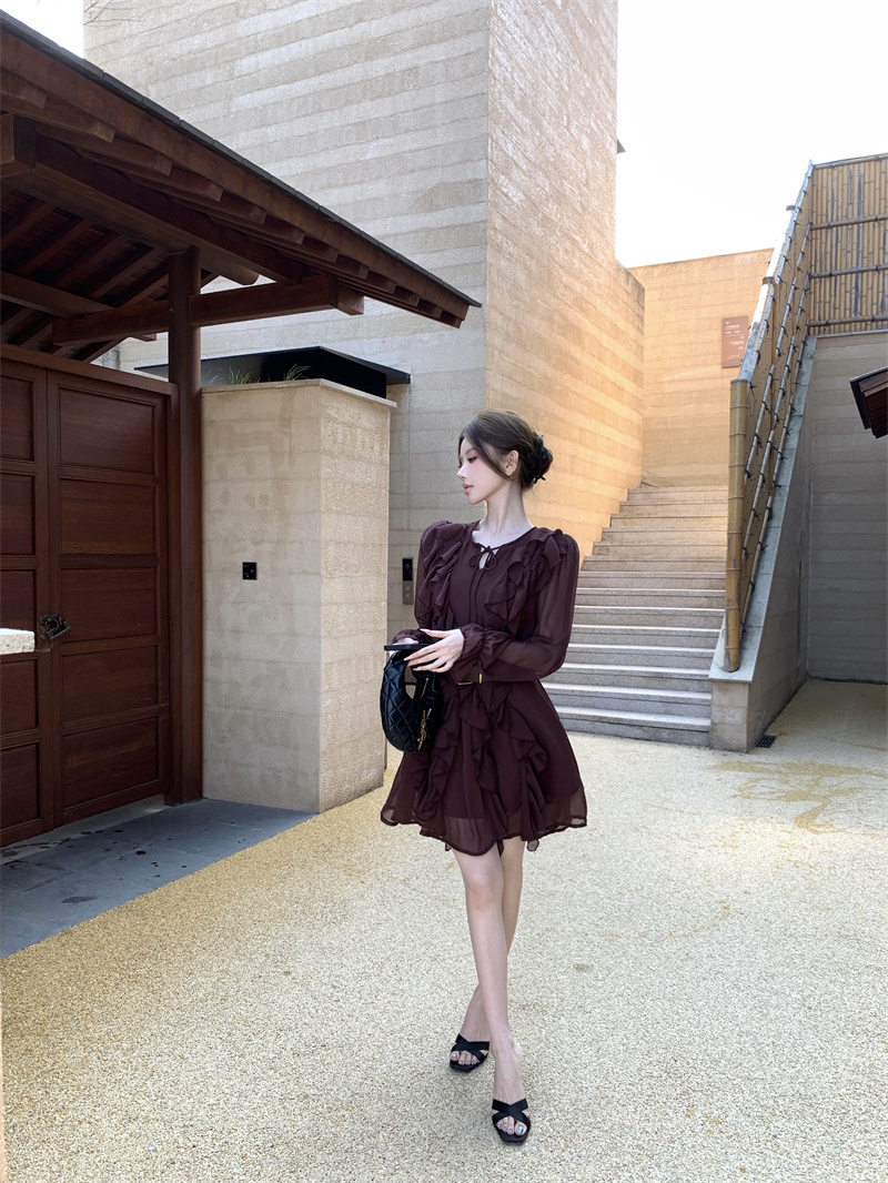French Style Long Sleeve Dress Wine Red - Image 3