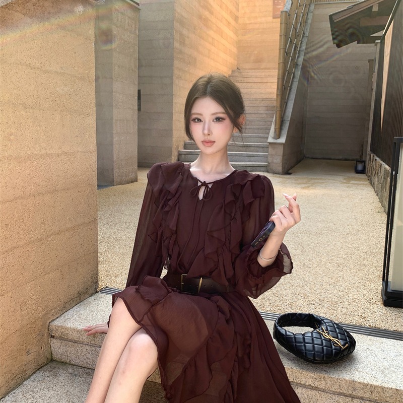 French Style Long Sleeve Dress Wine Red - Image 5