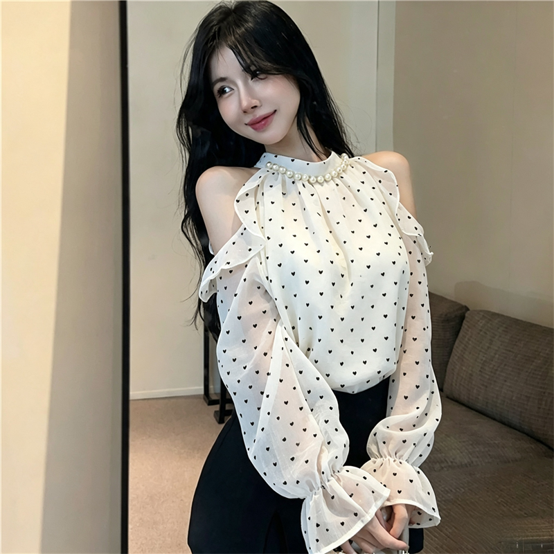 French Pearl Halter Off-Shoulder Chiffon Top with Flared Long Sleeves - Style a1ed9e