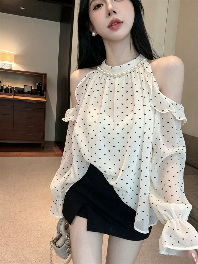 French Pearl Halter Off-Shoulder Chiffon Top with Flared Long Sleeves - Style a1ed9e - Image 2